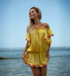 Abito corto Lakshimi – Arancione/Giallo – Spalle scoperte – Manica corta – Bohémien – Miss June Paris – 5