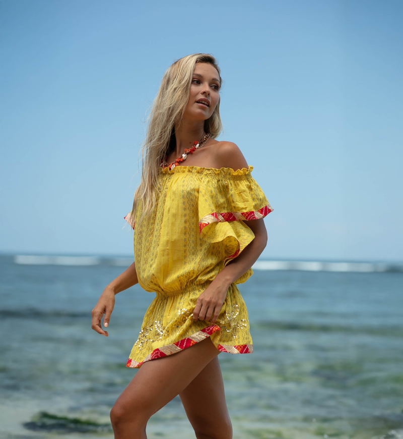 Vestido curto Lakshimi – Laranja/Amarelo – Ombros à mostra – Manga curta – Boho – Miss June Paris – 6