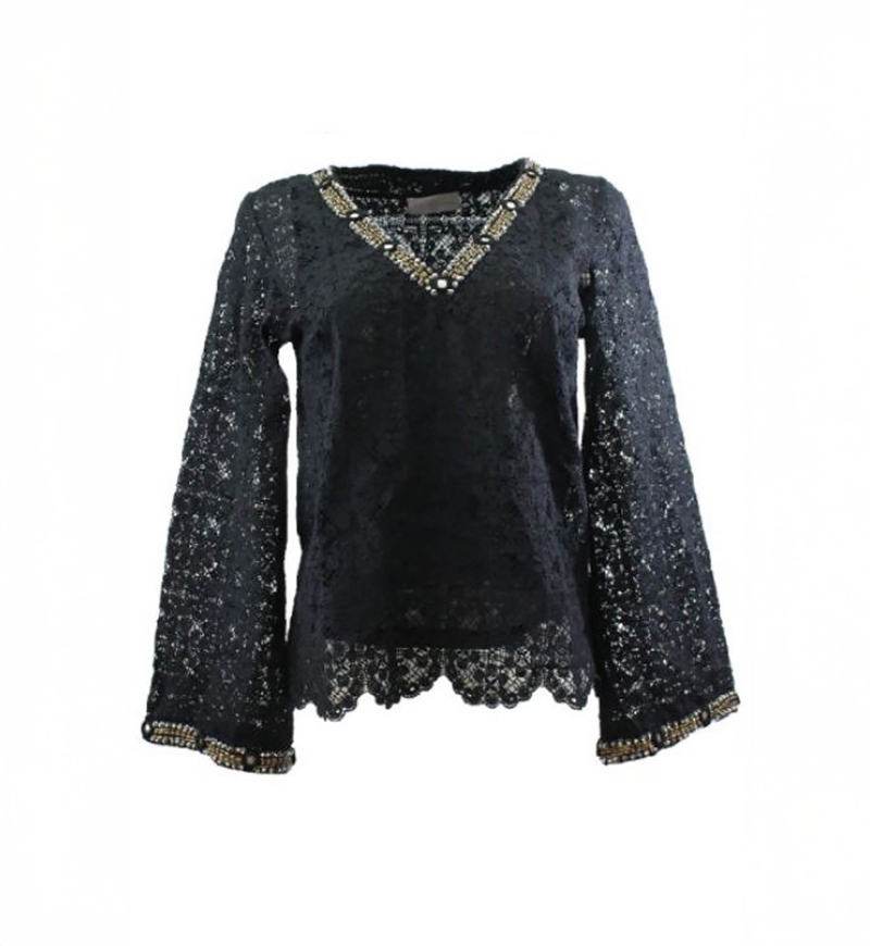 Blusa MALI - color negro - cuello en V y bordados delicados - mangas largas bohemias - Miss June Paris - 1