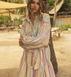 Vestido Corto Antonia: multicolor - a rayas - pecho adornado con pequeños espejos - mangas largas - Miss June Paris - 2