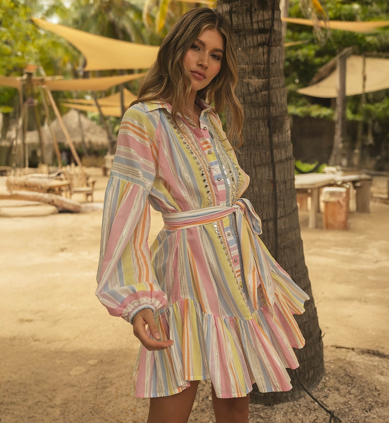 Vestito Corto Antonia: multicolore - a righe - scollo decorato con piccoli specchi - maniche lunghe - Miss June Paris - 3