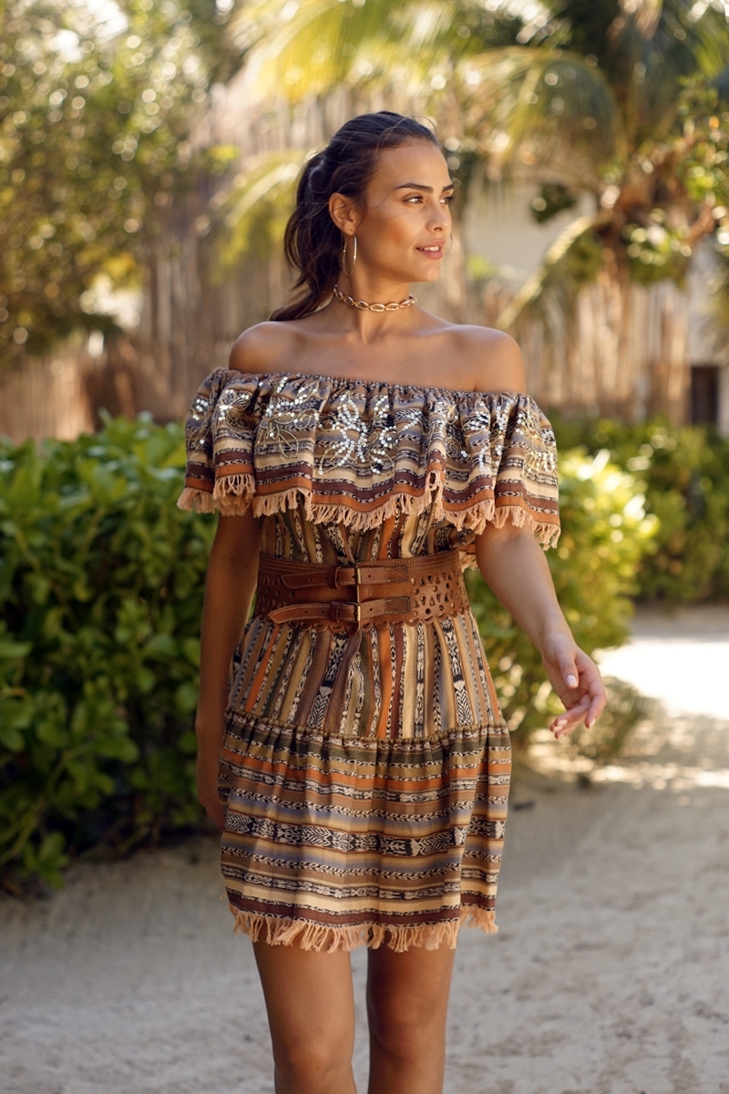 Robe courte Shiloh - couleur marron - sequins brodés - Miss June Paris - 1