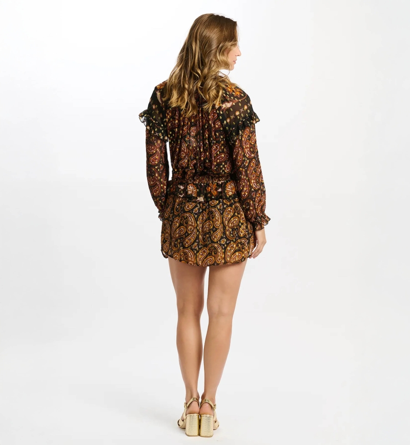 Falda corta Vodka - negro/naranja - estampado paisley - tela fluida - Miss June Paris