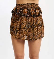 Kurzer Rock Vodka - schwarz/orange - Paisley-Muster - fließender Stoff - Miss June Paris