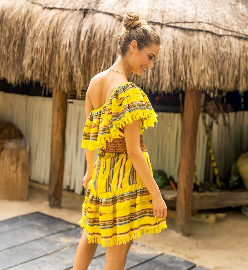 Abito corto MALIBU – Spalle scoperte – Manica corta – Bohémien – Cotone – Miss June Paris – 2