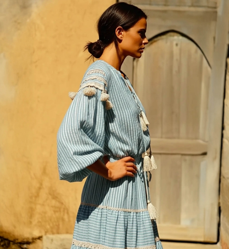 Blusa LYLLA – Azul ou Vermelha – Algodão/Lurex – Manga longa – Boêmio – Miss June Paris