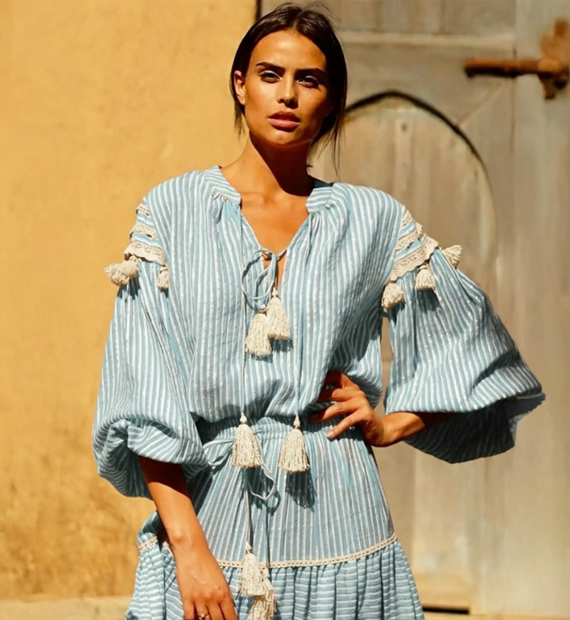 LYLLA Blouse – Blue or Red – Cotton/Lurex – Long Sleeve – Bohemian – Miss June Paris