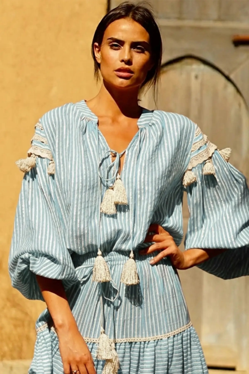 Blusa LYLLA – Azul ou Vermelha – Algodão/Lurex – Manga longa – Boêmio – Miss June Paris