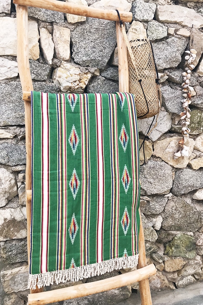 Seychelles Beach Fouta – green/yellow/brown – bohemian – with fringes – Miss June Paris – 1