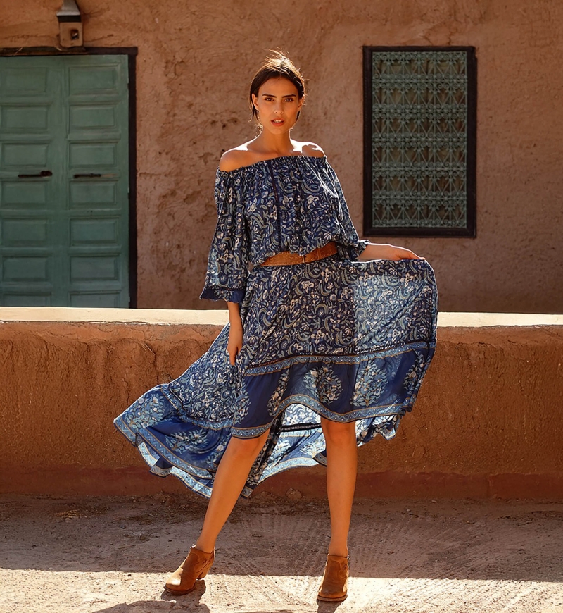 Gonna lunga Sky – Blu navy – Motivo floreale – Asimmetrica – Stile boho – Miss June Paris – 1