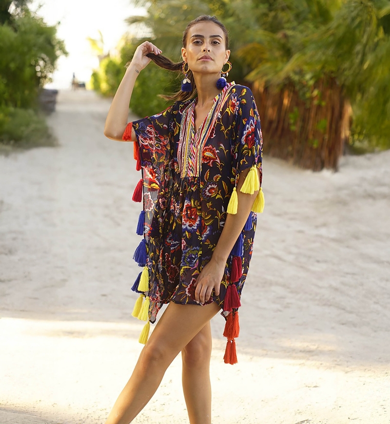 Coconut Short Caftan – Navy Blue – Multicolored Pompons – Light Fabric – Short Sleeve – Bohemian – Miss June Paris – 1