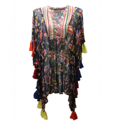 Coconut Short Caftan – Navy Blue – Multicolored Pompons – Light Fabric – Short Sleeve – Bohemian – Miss June Paris – 4