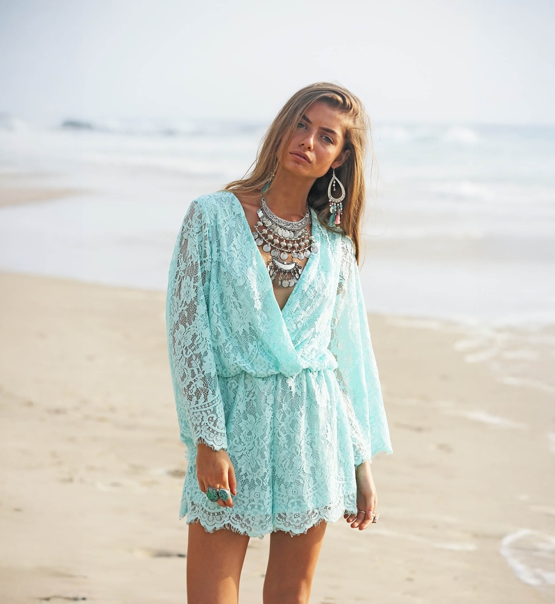 ZANZIBAR Romper – Assorted Colors – V-Neck – Long Sleeve – Bohemian Lace – Miss June Paris – 3