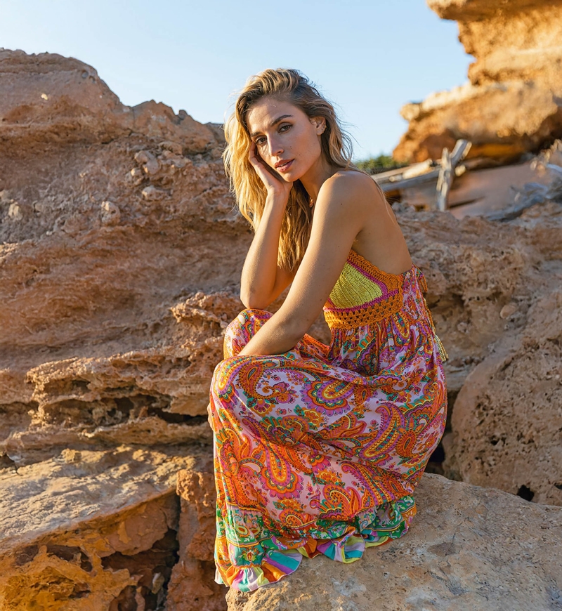 Abito lungo CHARM: arancio/rosa - scollo a V - top in crochet - spalline sottili - boho - Miss June Paris - 2