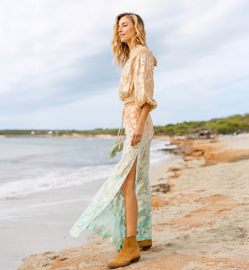 Calças BELLY: pêssego/aqua - decoradas em dourado - boho - Miss June Paris - 3