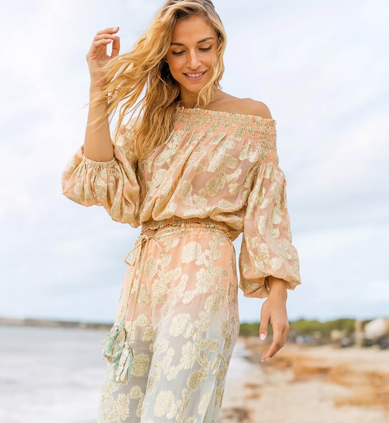 Pantalón BELLY: durazno/aqua - decorado en dorado - bohemio - Miss June Paris - 2