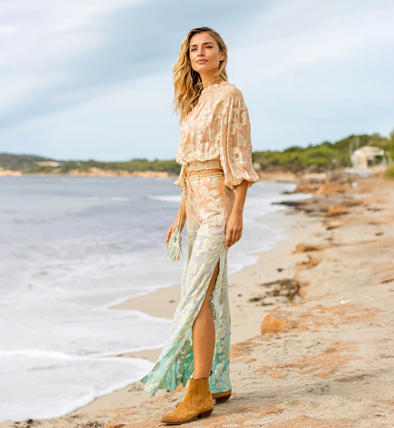 Calças BELLY: pêssego/aqua - decoradas em dourado - boho - Miss June Paris - 1