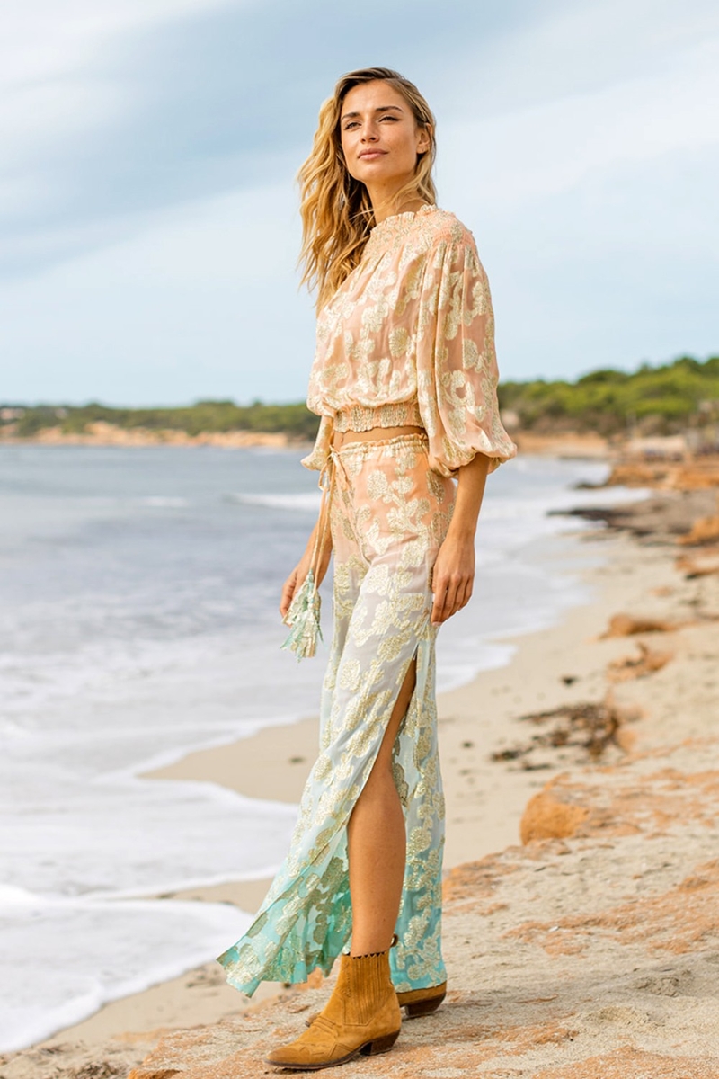 Pantalón BELLY: durazno/aqua - decorado en dorado - bohemio - Miss June Paris - 1