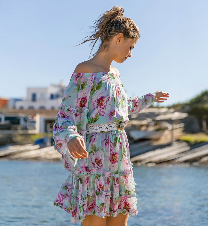 Vestido curto Fleur – Manga longa – Ombros à mostra – Floral – Miss June Paris – 2